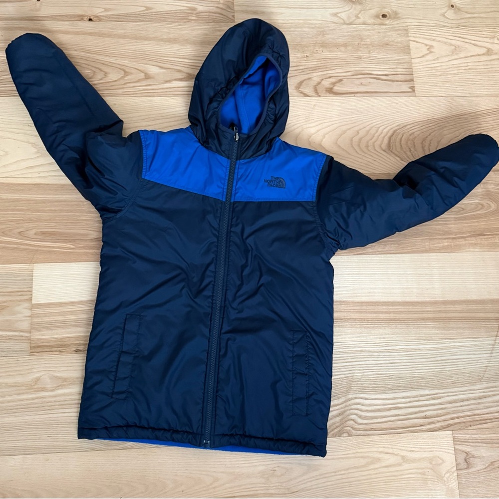The North Face Reversible Boys Jacket Size Large 14/16 Blue Hooded